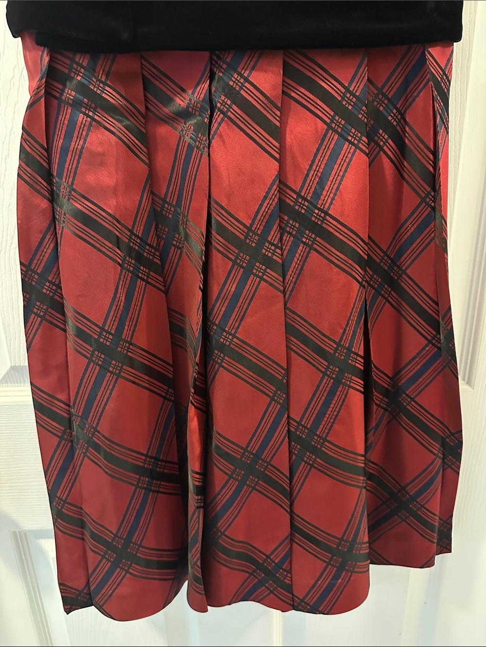 NINE WEST Red Plaid Spaghetti-Strap Party Dress Black Velvet Waistband Sz 10 Fun - Picture 8 of 11